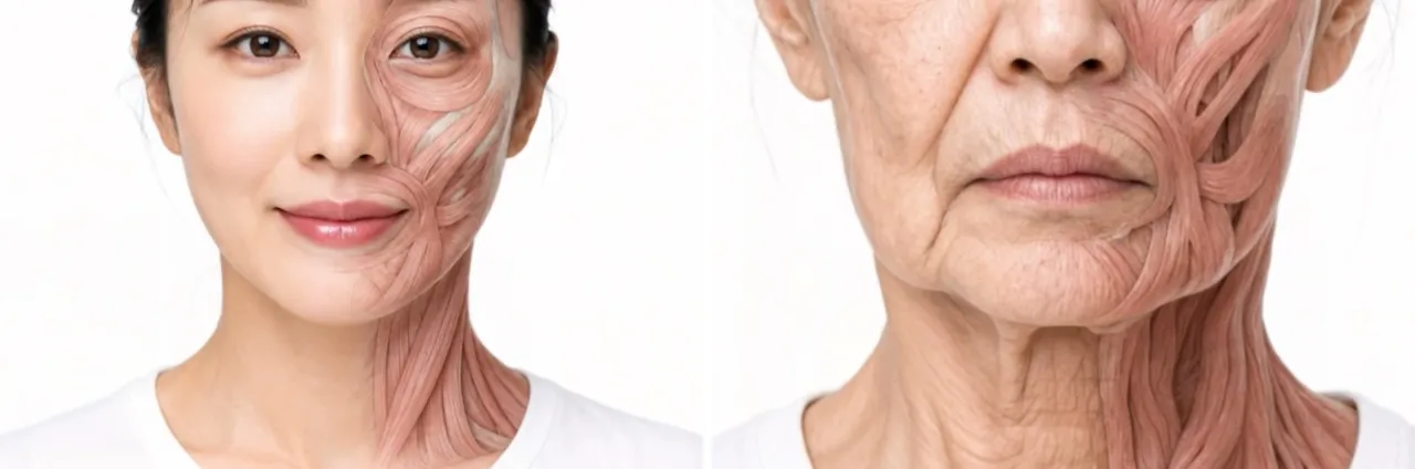 AI로 만든 피부 노화 장면. 왼쪽은 젊은 얼굴, 오른쪽은 주름이 늘고 턱선이 처진 얼굴