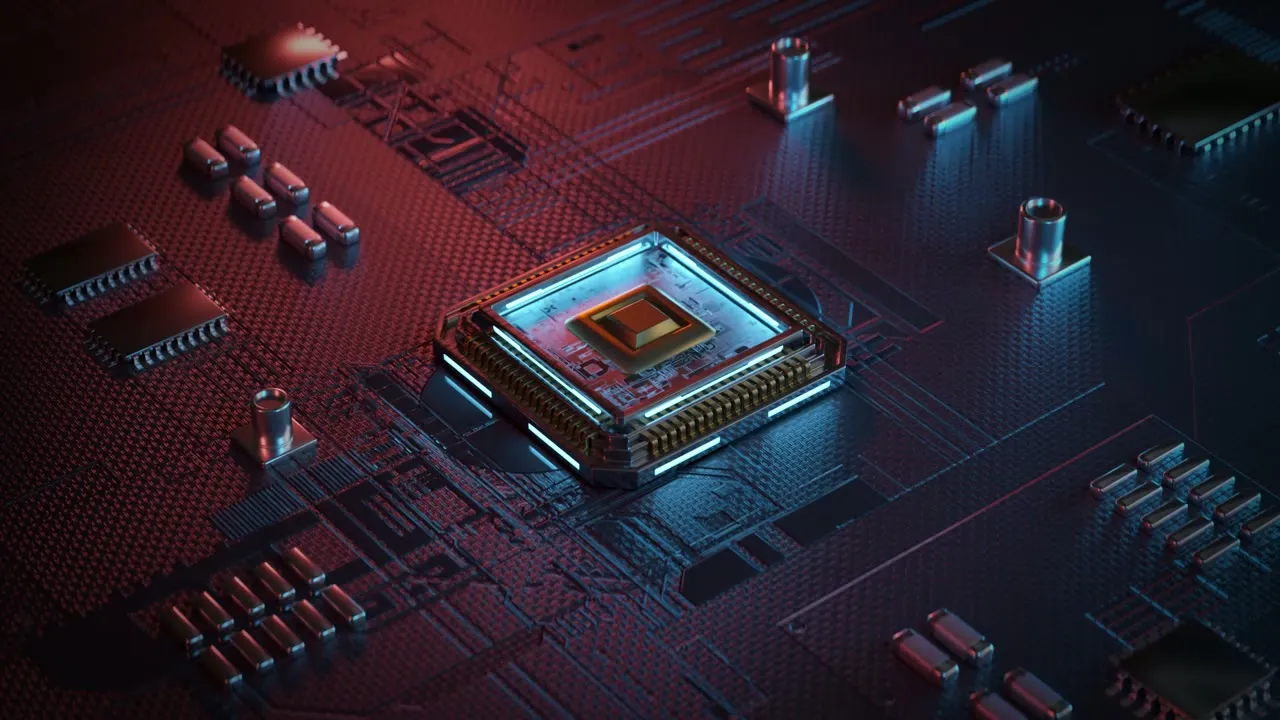 같은 영상의 3D 장면. 붉고 푸른 조명이 깔린 회로 기판 위에 놓인 반도체 칩